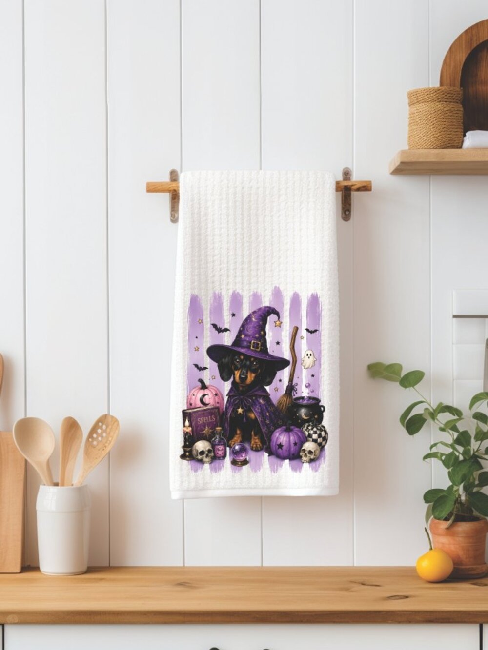 Purple Dachshund Witch Halloween Decorative Kitchen Tea Towel
